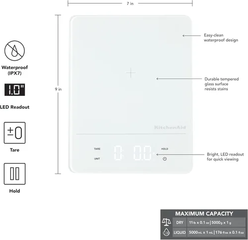 Vista 2 de KitchenAid KQ913 - Báscula digital impermeable (IPx7) para cocina y alimentos, lectura LED, capacidad máxima de 11 libras, color blanco