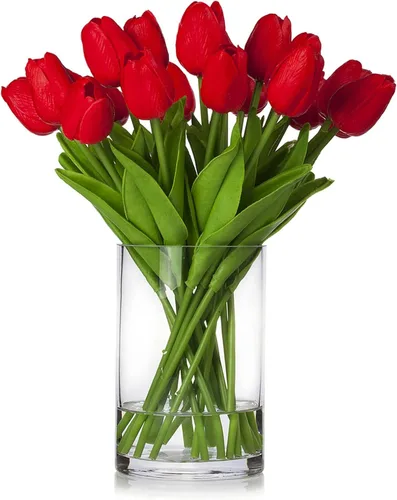 Vista 7 de ENOVA FLORAL 20 cabezas de tulipanes artificiales de tacto real para decoración de mesa de comedor, boda, decoración de granja (verde)