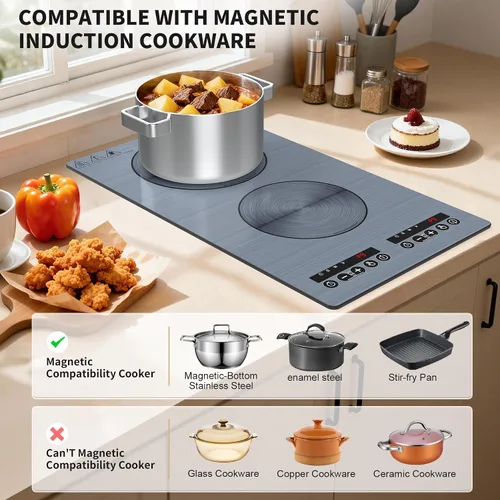 Vista 4 de VBGK Placa de cocción de inducción, placa caliente de doble quemador de 110 V 2300 W con control táctil LED, 9 niveles de potencia, bloqueo