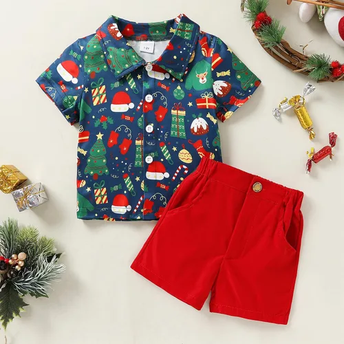 Vista 2 de JEELLIGULAR Conjunto de pantalones cortos y camisa con botones y estampado de Papá Noel para niños pequeños