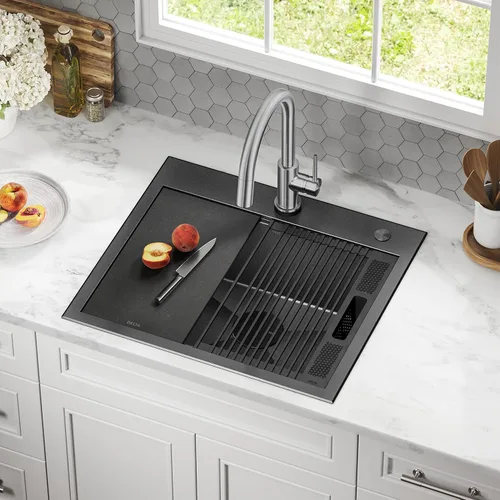 Vista 2 de DELTA FAUCET Delta Rivet 25 Pulgadas de Acero Inoxidable Negro Fregadero de Montaje Superior de Calibre 16 para Cocina con Tarja Única en Acabado