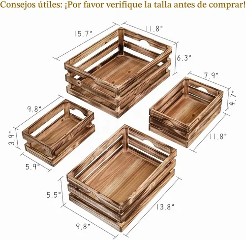 Vista 2 de Juego de 4 cajas de madera grandes decorativas con asas, cajas rústicas de madera de granja marrón para exhibición, organizador de cestas