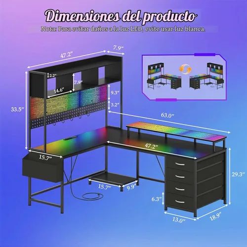 Vista 2 de Escritorio para juegos en forma de L con gabinete, escritorio de esquina reversible para computadora con cajones, escritorio para juegos con panel