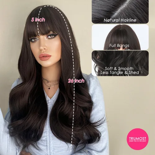 Vista 3 de Peluca larga negra ondulada para mujer, peluca sintética de color oscuro con flequillo, resistente al calor, de aspecto natural, sin pegamento