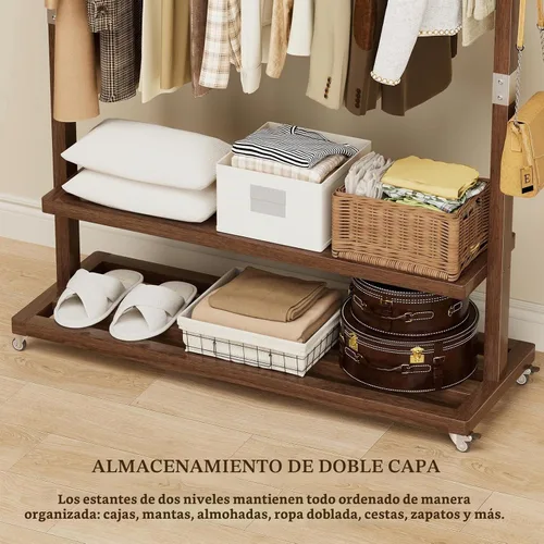 Vista 7 de Perchero de madera maciza con ruedas, 2 estantes
