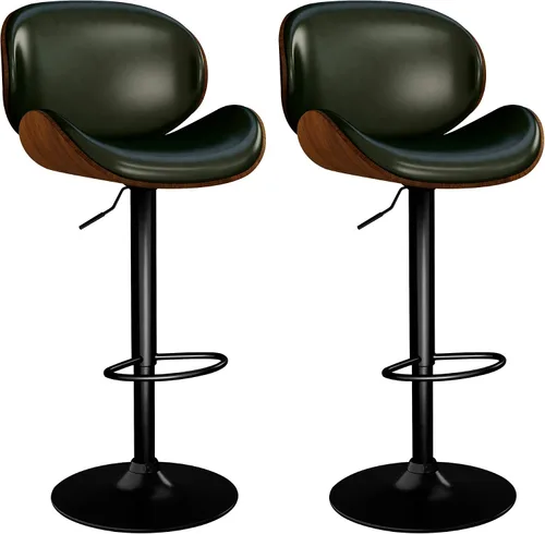 Vista 13 de Juego de 2 taburetes de bar ajustables giratorios de 360°, sillas de bar tapizadas de piel sintética con reposapiés, taburetes de madera para Negro
