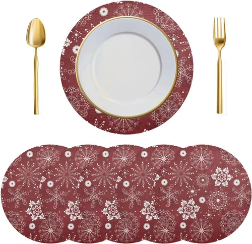 Vista 4 de Juego de 6 manteles individuales redondos, copos de nieve sobre rojo oscuro, resistentes al calor, para mesa de comedor, decoración de Navidad