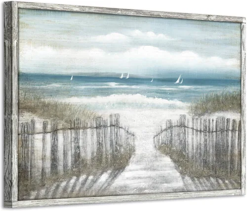 Vista 14 de Lienzo decorativo para pared, camino de playa: camino de arena con pintura de valla a la costa, impresiones artísticas para baño