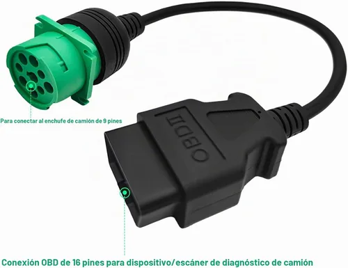 Vista 6 de Cable adaptador OBD2 a J1939 verde tipo 2 (macho de 16 pines a macho de 9 pines) para camiones pesados y vehículos comerciales con conector