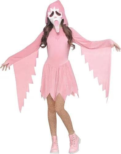 Vista 4 de Fun World Disfraz infantil de cara de fantasma brillante, rosa, talla S