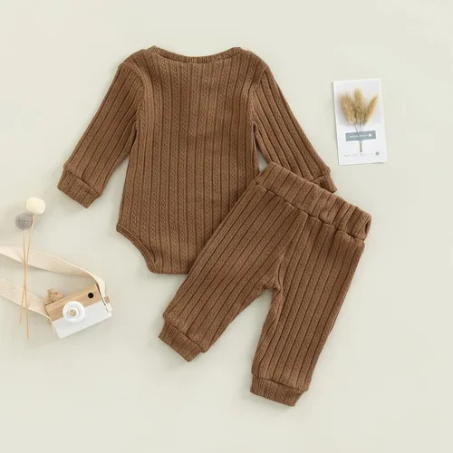 Vista 4 de Conjunto de ropa para bebé recién nacido, conjunto de ropa acanalada para bebé, otoño e invierno, mameluco de color liso con pantalones largos