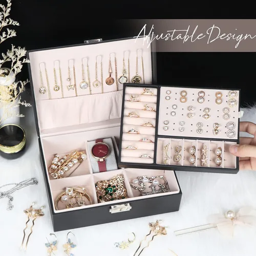 Vista 5 de Joyero para mujeres y niñas, organizador de joyas de 2 capas con cerradura, estuche de almacenamiento de piel sintética con bandeja extraíble