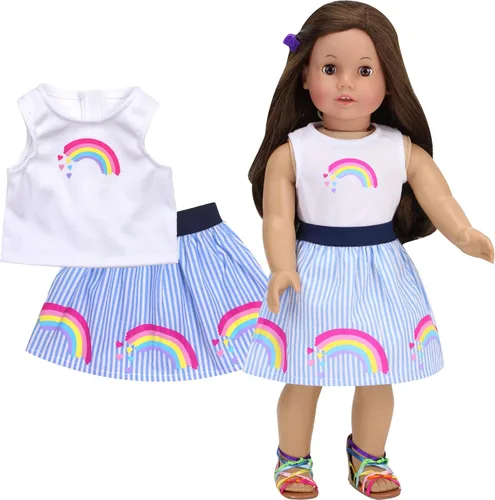 Vista 3 de Sophia's Muñeca de 18 pulgadas, 2 piezas, parte superior sin mangas, falda a rayas azul y blanco, con detalles de estampado de arcoíris