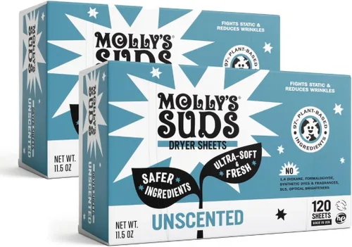 Vista 12 de Hojas suavizantes de secadora para piel sensible de Molly's Suds Reductor de estática a base de plantas, envase sin plástico Lavanda (120 hojas)