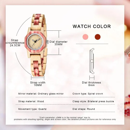 Vista 4 de Reloj de madera para mujer con correa de madera de cuarzo, analógico, colorido, relojes de madera de bambú para mujer, BS-WM01-MADERA