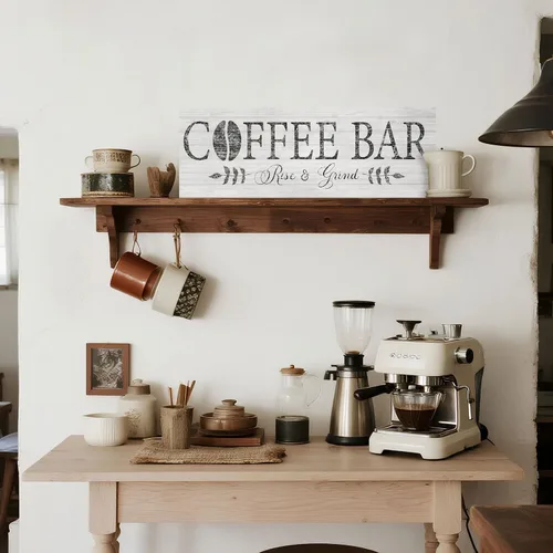 Vista 4 de Letrero de café Rise & Grind, arte de impresiones en lienzo inspiracional para decoración de cocina, casa de campo, estante, mostrador, bar