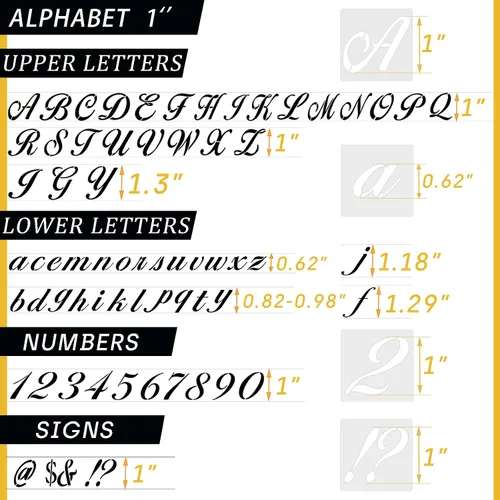 Vista 3 de Plantillas de símbolos de 1 pulgada para pintar sobre madera, 65 plantillas de dibujo del alfabeto con letras mayúsculas caligráficas y cursivas