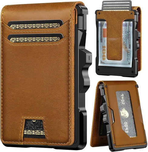 Vista 10 de furid Cartera de cuero genuino para hombres: billetera minimalista Café espresso de grano completo