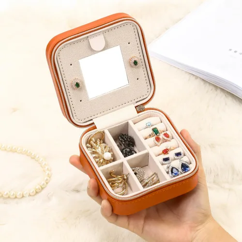 Vista 2 de Estuche de viaje para joyas con espejo, pequeño organizador de joyas de viaje, caja de joyería portátil, mini organizador de viaje, caja