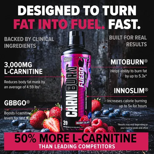 Vista 2 de Nutrex Research CARNIBURN Advanced L Carnitina líquida 3000mg con MitoBurn, InnoSlim y GBBGO (31 porciones, Berry Blast)