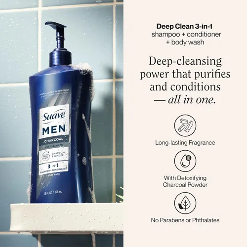 Vista 2 de Suave Men Champú 3 en 1 de limpieza profunda, acondicionador y gel de baño con polvo de carbón, desintoxica y limpia el cabello y la piel, elimina