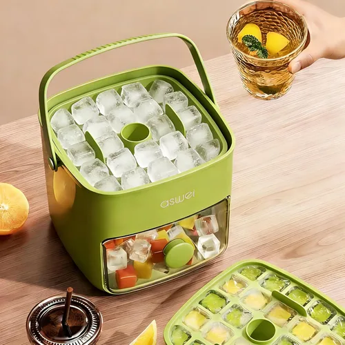 Vista 5 de Bandeja compacta para cubitos de hielo con tapa y contenedor, mini máquina de cubitos de hielo tipo prensa para congelador, cubo de hielo pequeño