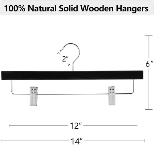 Vista 2 de AMKUFO 20 piezas de perchas de madera para pantalones, perchas sólidas para pantalones con clips ajustables de 14 pulgadas, perchas de madera negra