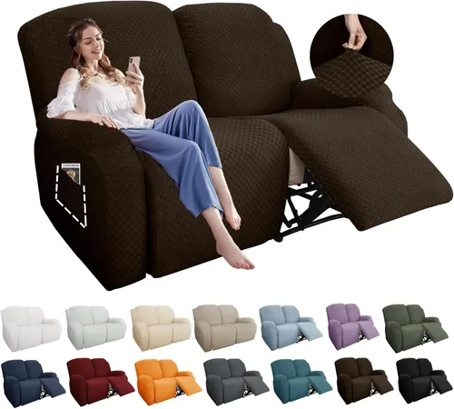Vista 18 de YEMYHOM Funda elástica de 4 piezas para silla reclinable de jacquard con bolsillo lateral, antideslizante, ajustable, protector de muebles con parte