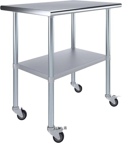 Vista 11 de Mesa de trabajo comercial de acero inoxidable con estante inferior y ruedas (24x72)