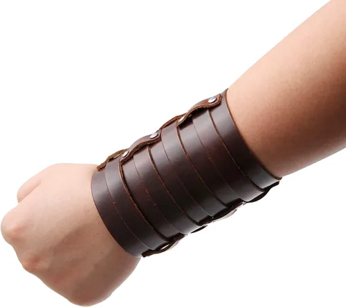 Vista 8 de HZMAN Brazalete ancho de cuero para hombre con correa triple y hebilla de cierre de armadura para brazo, 4 filas