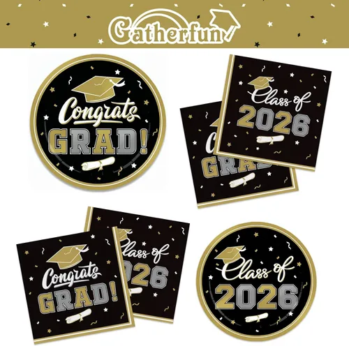 Vista 7 de Decoraciones de graduación de clase de 2026, juego de vajilla de fiesta de graduación de graduación negro y dorado, platos de papel desechables