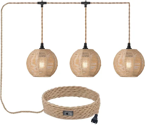 Vista 10 de Lámpara Colgante Enchufable de 15 pies con Cable, Interruptor Regulable, Lámpara Colgante de Ratán con Mimbre Tejido a Mano, Candelabro Enchufable