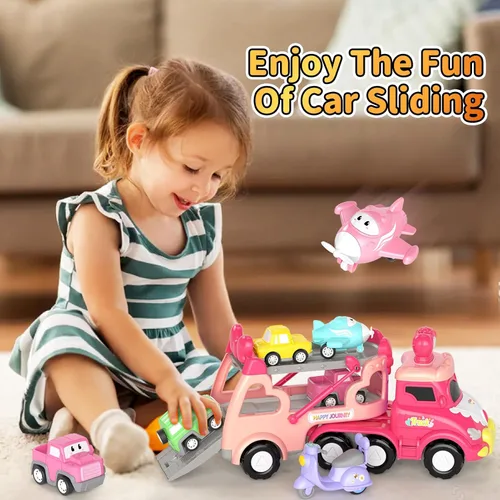 Vista 3 de newcrave - Juguetes de camiones para niñas de 1, 2, 3 años, juguetes de autos transportadores 7 en 1 para niñas pequeñas de 1-2, 2-3 años, juguete