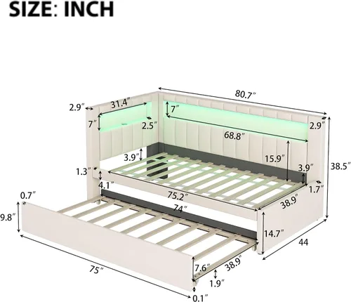 Vista 2 de Cama de plataforma tapizada de tamaño individual con puertos USB y luces LED, sofá cama con nido y cabecera en forma de L, cama esquinera suave