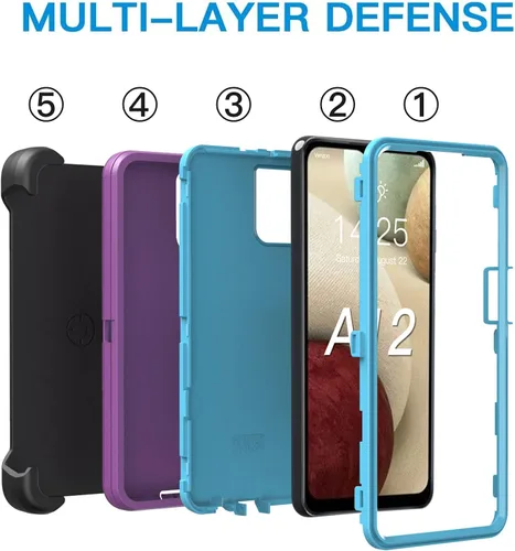 Vista 6 de Funda resistente para Samsung Galaxy A12, con clip, a prueba de golpes y caídas, a prueba de polvo, morado y azul cielo