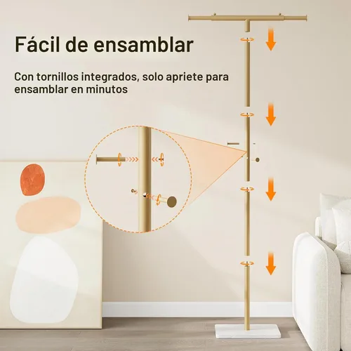 Vista 6 de ELYKEN Perchero independiente con base de mármol natural, ancho ajustable en forma de T, árbol de metal con 2 ganchos, moderno perchero