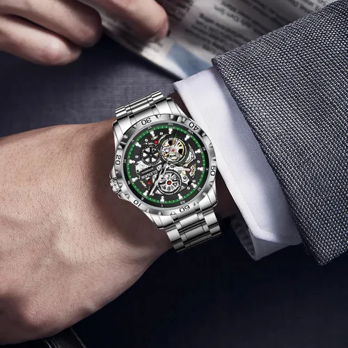 Vista 5 de Relojes automáticos para hombre, cuerda automática mecánica, esfera de esqueleto, resistente al agua a 30 ATM, con correa de acero inoxidable, reloj