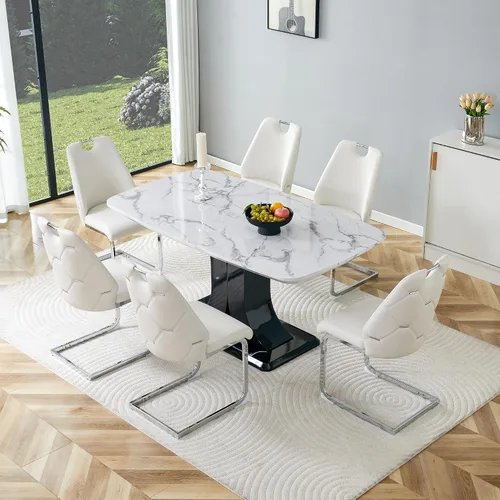 Vista 12 de Juego de mesa de comedor moderno para 4, juego de sillas de mesa de cocina de mármol sintético, mesa rectangular de MDF de 63 pulgadas, sillas Negro