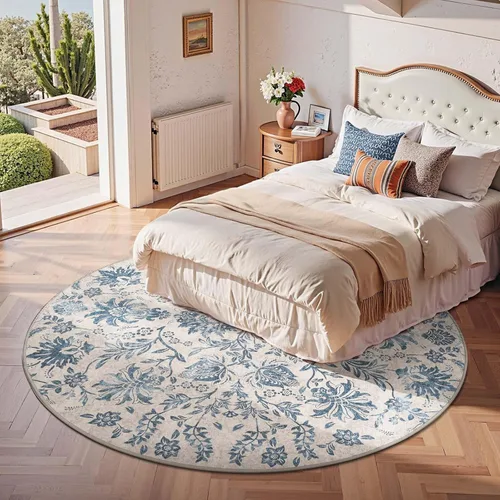 Vista 324 de jinchan Lima - Alfombra simétrica floral geométrica lavable, alfombra de entrada de medio círculo de 2 x 3, alfombra de media luna, suave y Azul