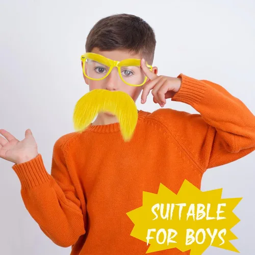 Vista 4 de AIHSUMC Bigote amarillo y cejas con gafas, accesorios de disfraz de Halloween para adultos y niños, barba falsa divertida fiesta recuerdo cosplay