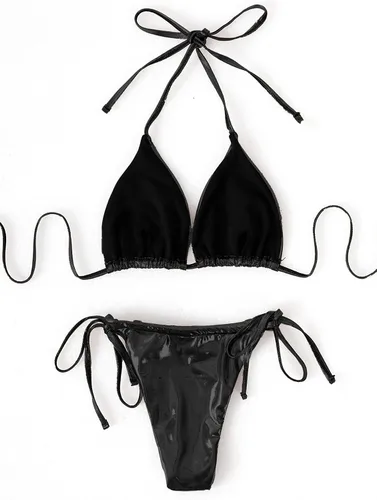Vista 5 de WDIRARA Traje de baño metálico de 3 piezas para mujer con falda de playa