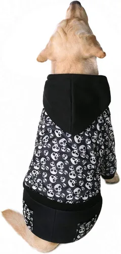 Vista 4 de Disfraz de esqueleto de Halloween para perro: sudadera con capucha negra con bolsillo para perros medianos y grandes