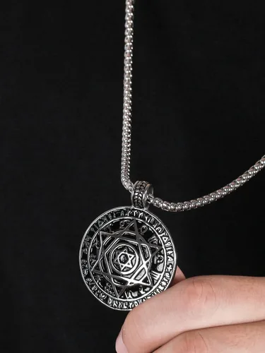 Vista 5 de HAQUIL Seal of Solomon Necklace, Stainless Steel 12 Constellations Hexagram Six Pointed Star of David Protection Amulet Pendant, Box Chain, Jewish