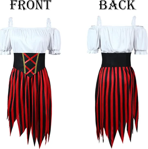Vista 4 de Wizland Disfraz de pirata para mujer, disfraz de pirata, vestido de estilo modesto con cinturón y tocado
