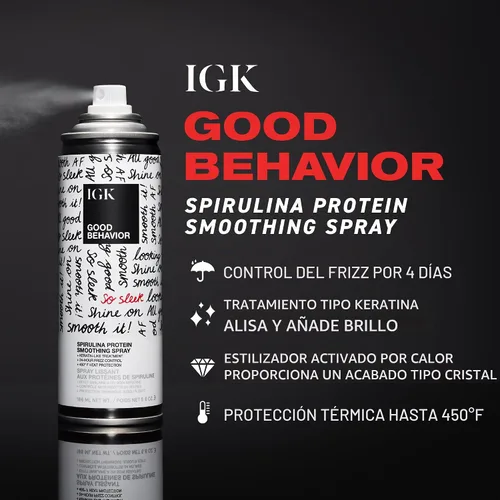 Vista 2 de IGK GOOD BEHAVIOR Spirulina Spray suavizante de proteína Control de encrespamiento + protector de calor Vegano + libre de crueldad 5.6 onzas