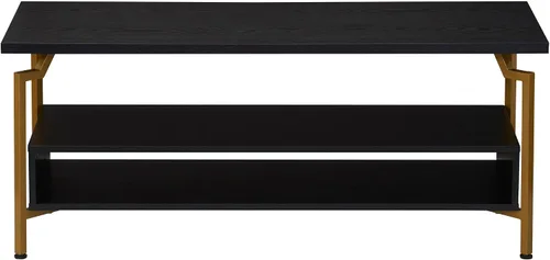 Vista 4 de Household Essentials Crown - Soporte de TV con compartimento de almacenamiento rectangular, grano de madera de roble negro y metal dorado