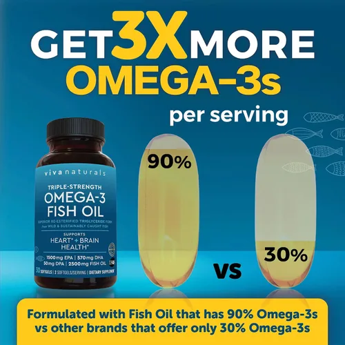 Vista 4 de Viva Naturals Aceite de Pescado Omega-3, Triple Fuerza, 2500 mg, 30 Cápsulas Blandas – Ácidos Grasos Omega 3 Re-Esterificados Incluyendo EPA, DHA