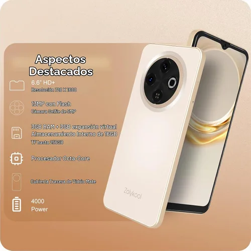Vista 2 de A3 4G teléfonos Android desbloqueados 6.6” pantalla HD+ Android 12 teléfono inteligente Octa-Core 6(3+3)+16GB/256 TF Dual SIM teléfono celular Dorado