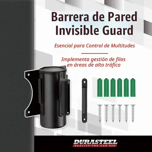 Vista 2 de DuraSteel Barrera retráctil para cinturón de control de multitudes de montaje en pared, cinturón de barrera retráctil negro de 9.2 pies, barreras