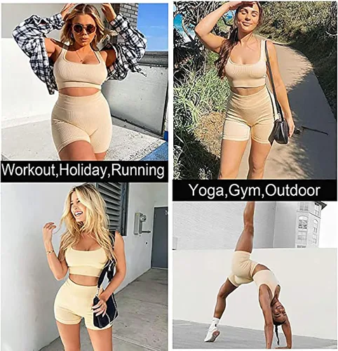 Vista 4 de TWFRHC - Conjunto de entrenamiento para mujer, acanalado, de 2 piezas, sin costuras, cintura alta, atuendo para gimnasio, pantalones cortos de yoga